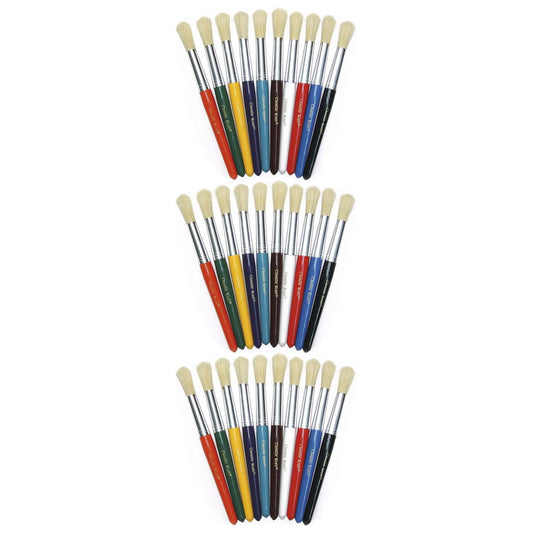 Beginner Paint Brushes, Round Stubby Brushes, 10 Assorted Colors, 7.5" Long, 10 Per Pack, 3 Packs