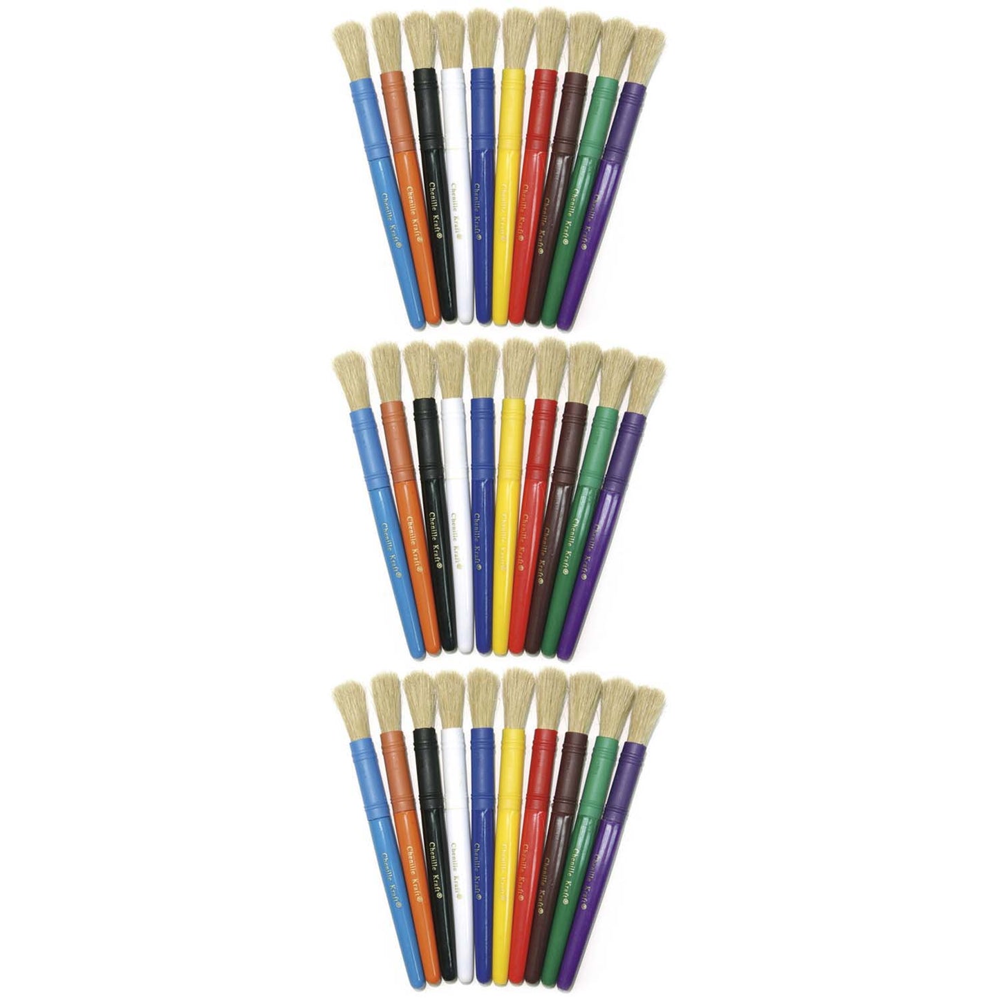 Beginner Paint Brushes, 10 Assorted Colors, 7" Long, 10 Per Pack, 3 Packs