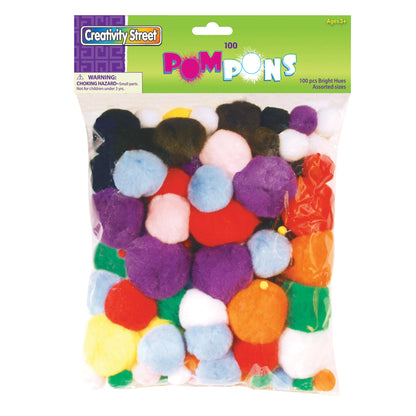 Pom Pons, Bright Hues, Assorted Sizes, 100 Pieces