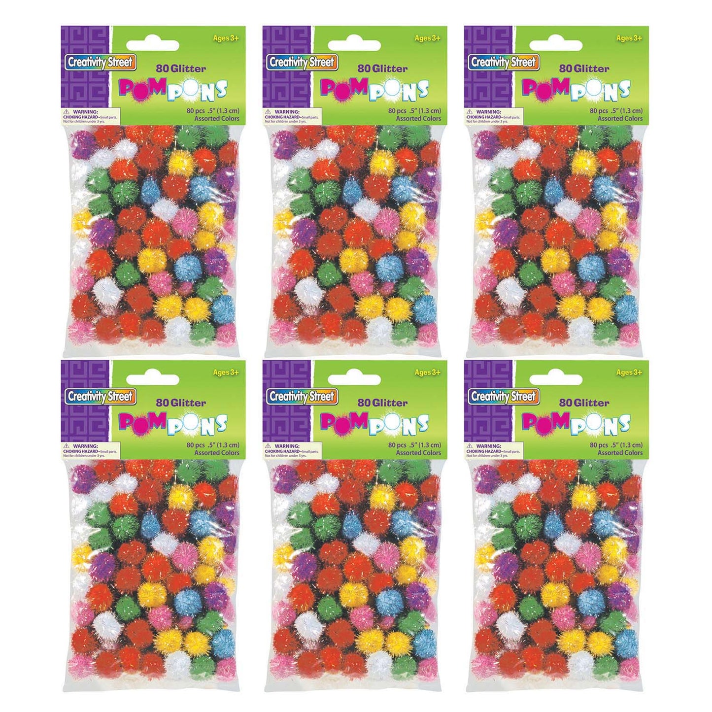 Glitter Pom Pons, Assorted Colors, 1/2", 80 Per Pack, 6 Packs