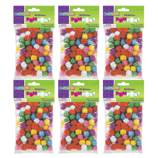 Glitter Pom Pons, Assorted Colors, 1/2", 80 Per Pack, 6 Packs