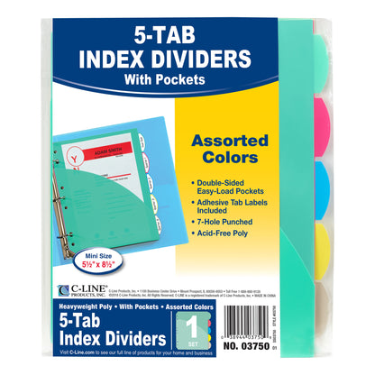 Mini Size 5-Tab Poly Index Dividers, Assorted Colors with Slant Pockets, 12 Sets