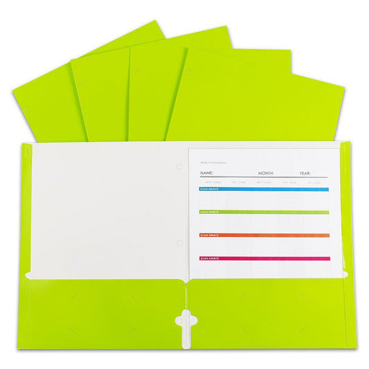 2-Pocket Laminated Paper Portfolios with 3-Hole Punch, Lime Green, Box of 25