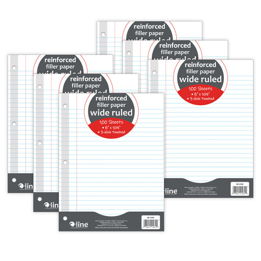 Reinforced 3-Hole Punched, Filler Paper, Wide Rule, 10.5" x 8", 100 Sheets Per Pack, 6 Packs