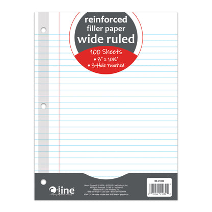 Reinforced 3-Hole Punched, Filler Paper, Wide Rule, 10.5" x 8", 100 Sheets Per Pack, 6 Packs