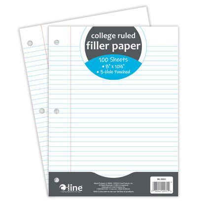 Filler Paper, College Ruled, 8" x 10-1/2", White, 100 Sheets Per Pack, 12 Packs