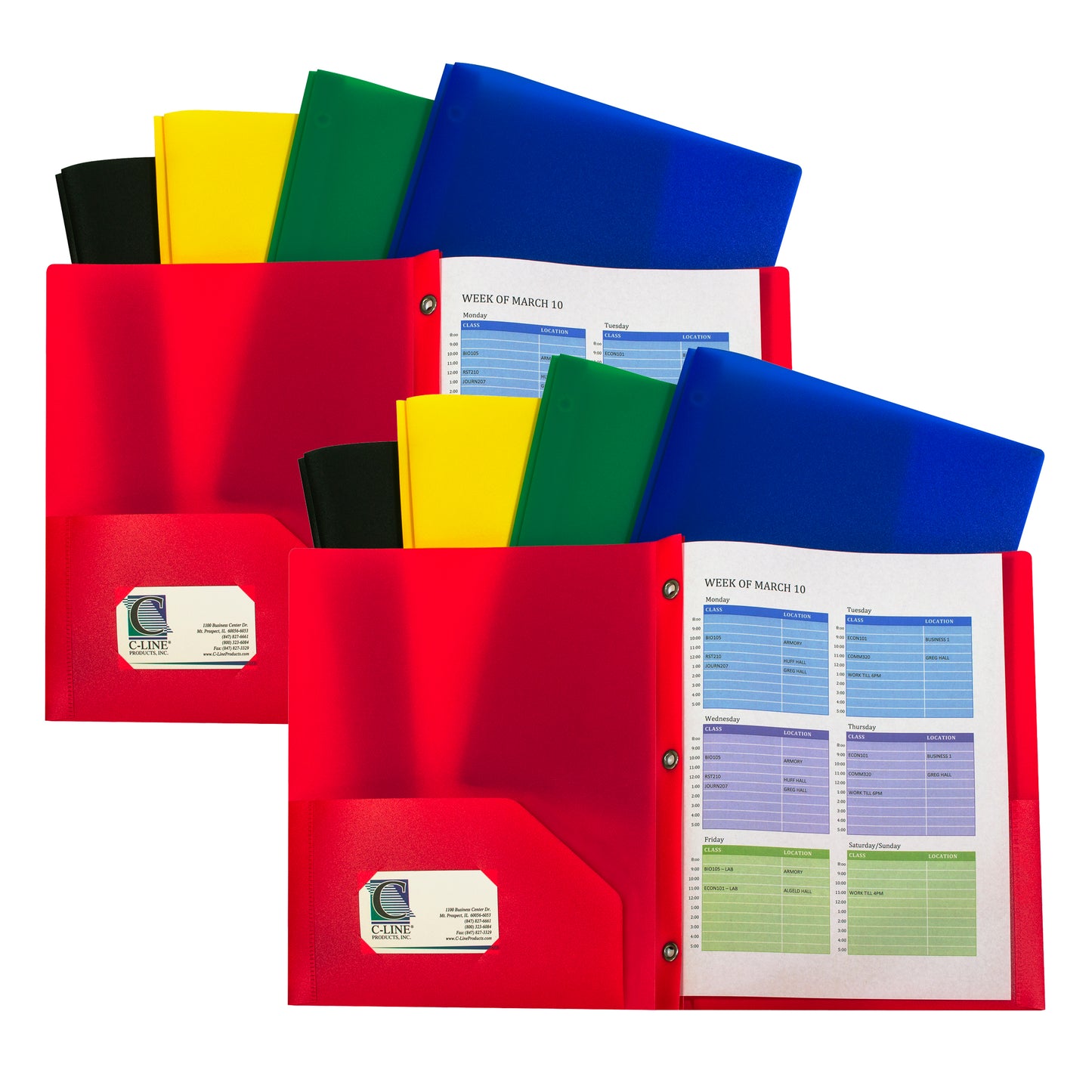 Two-Pocket Heavyweight Poly Portfolio Folder with Prongs, Assorted Primary Colors, 10 Per Pack, 2 Packs