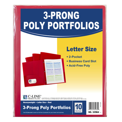 Two-Pocket Heavyweight Poly Portfolio Folder with Prongs, Red, 10 Per Pack, 2 Packs