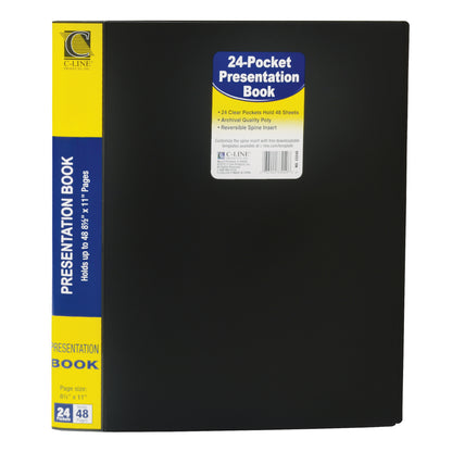 24-Pocket Bound Sheet Protector Presentation Book, Black Cover, Clear Pages, Pack of 4