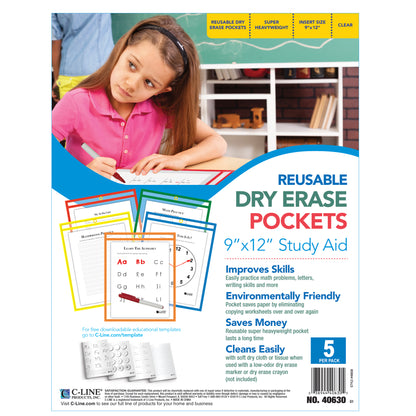 Reusable Dry Erase Pockets, Primary Colors, 9" x 12", Pack of 5