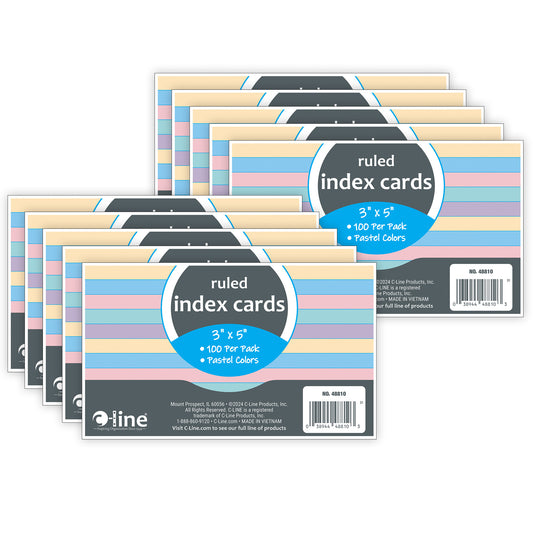 Index Cards, 3" x 5", Assorted Colors, Ruled, 100 Per Pack, 10 Packs