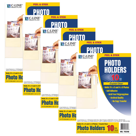Peel & Stick Photo Holders, Clear, 4" x 6", 10 Per Pack, 5 Packs