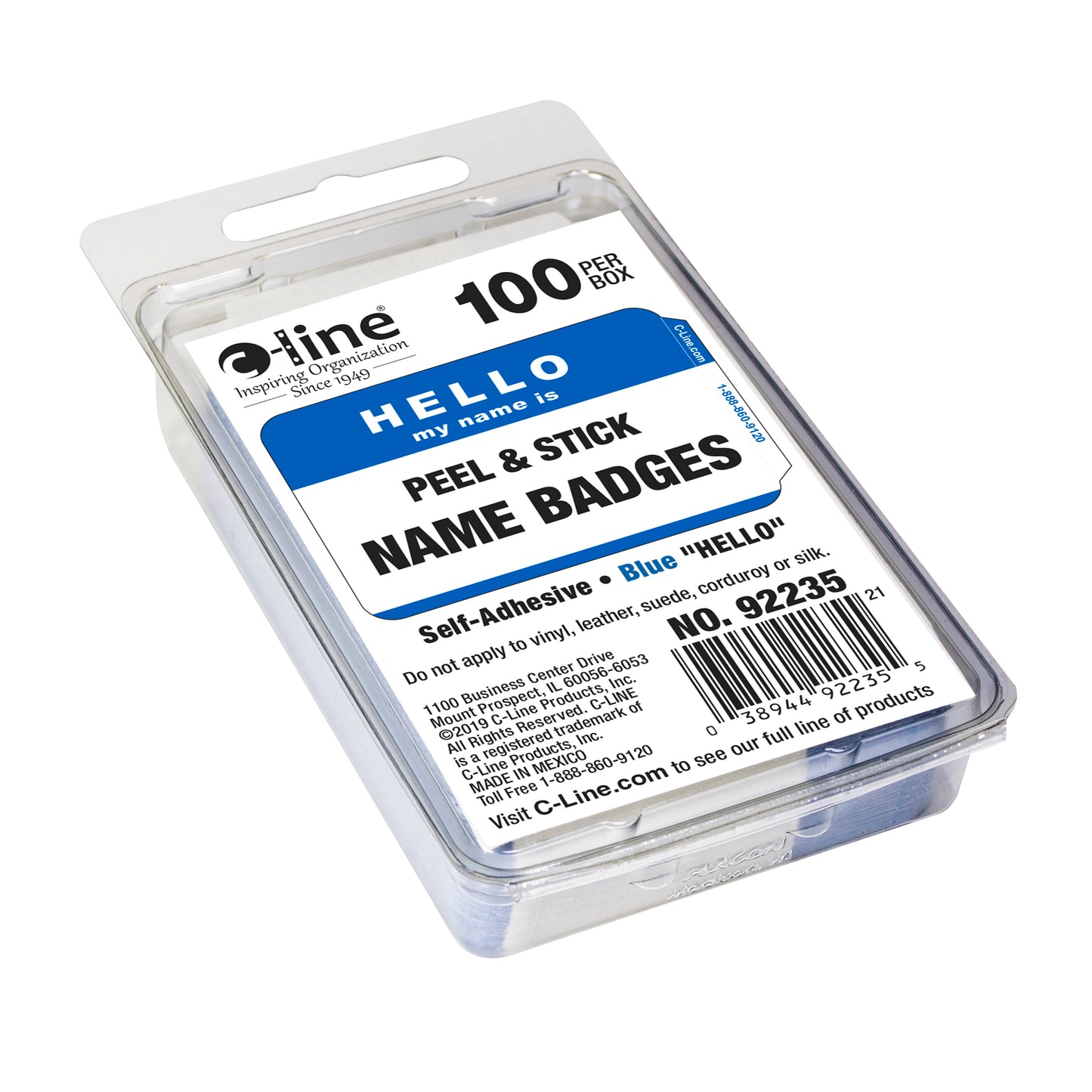 Pressure Sensitive Badges, Hello my name is, Blue, 3-1/2" x 2-1/4", Box of 100