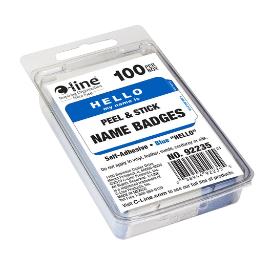 Pressure Sensitive Badges, Hello my name is, Blue, 3-1/2" x 2-1/4", Box of 100