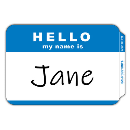 Pressure Sensitive Badges, Hello my name is, Blue, 3-1/2" x 2-1/4", Box of 100