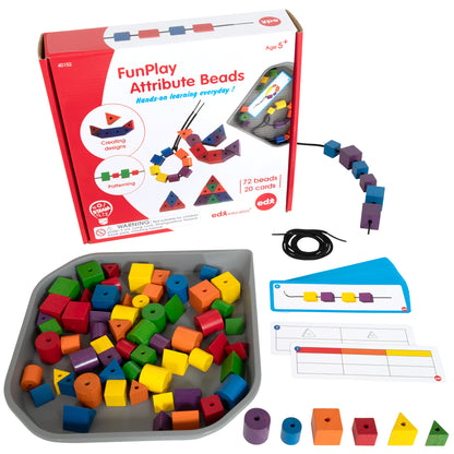 FunPlay Attribute Beads - 72 Wooden Lacing Beads + 2 Laces + 40 Activities + Messy Tray