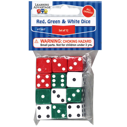 Dot Dice - Red/Green/White - 12 Per Pack - 12 Packs