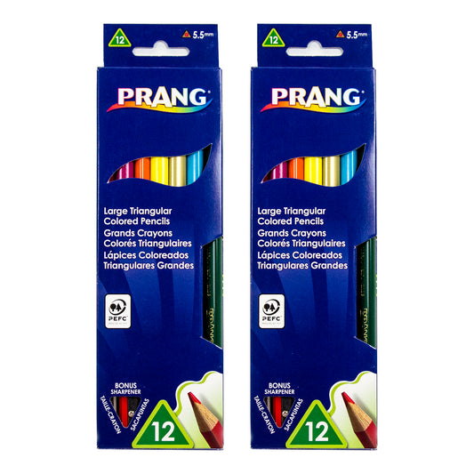 Triangular Colored Pencils, 5.5 mm core, With Sharpener, Assorted Colors, 12 Per Pack, 2 Packs