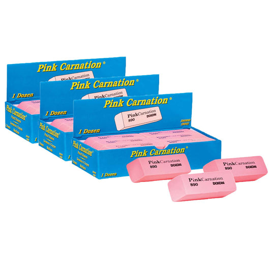 Pink Carnation Erasers, Medium, 2-5/16 x 13/16 x 7/17, 12 Per Pack, 3 Packs
