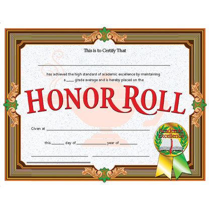 Honor Roll Certificate, 8.5" x 11", 30 Per Pack, 6 Packs