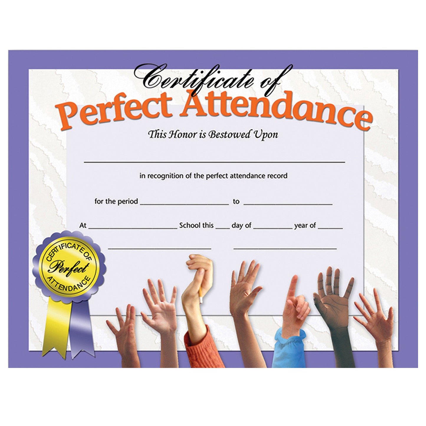 Certificate of Perfect Attendance, 8.5" x 11", 30 Per Pack, 6 Packs