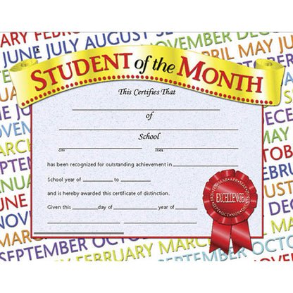 Student of the Month Certificate, 8.5" x 11", 30 Per Pack, 6 Packs