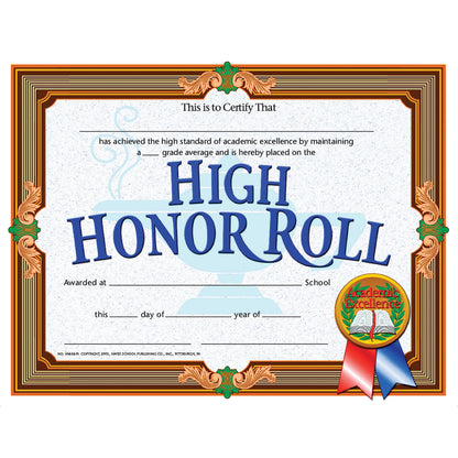 High Honor Roll Certificate, 8.5" x 11", 30 Per Pack, 6 Packs