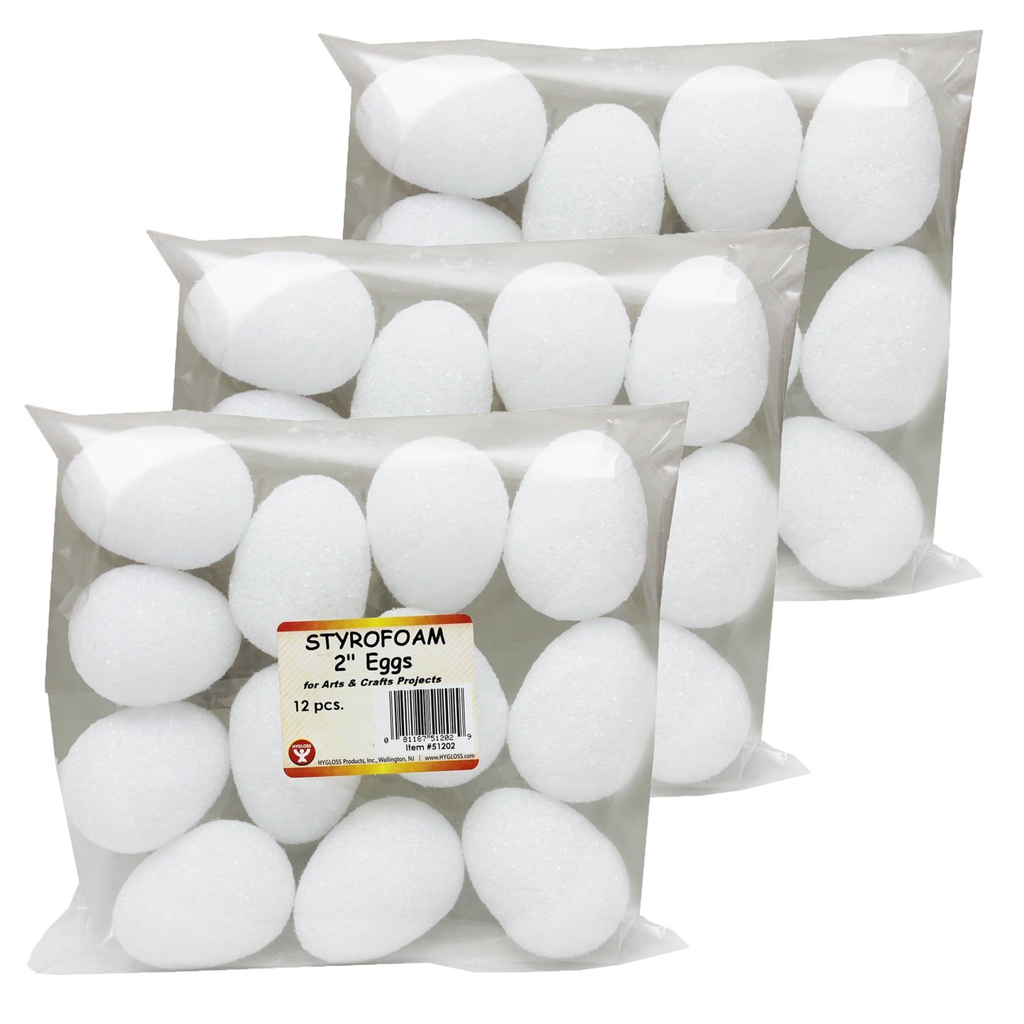 Craft Foam Eggs, 2 Inch, White, 12 Per Pack, 3 Packs