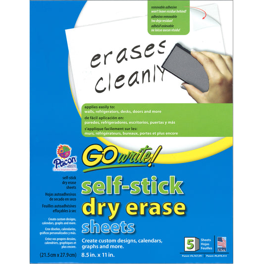 Dry Erase Sheets, Self-Adhesive, White, 8-1/2" x 11", 5 Sheets