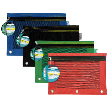 3 Ring Pencil Pouch With Mesh Window, 10" x 7.5", Assorted Colors, Pack of 12