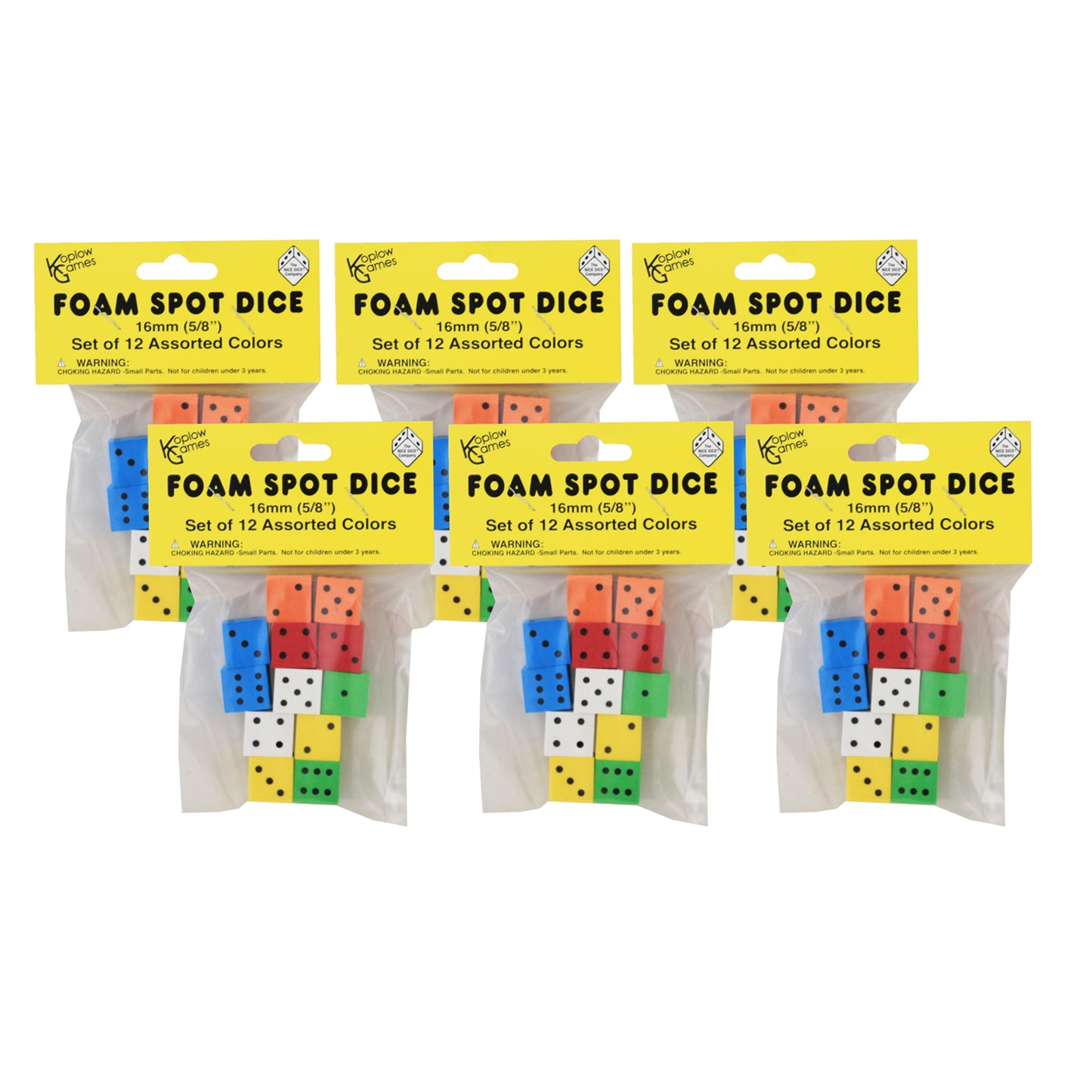 Assorted Color Spot 16mm Foam Dice, 12 Per Pack, 6 Packs