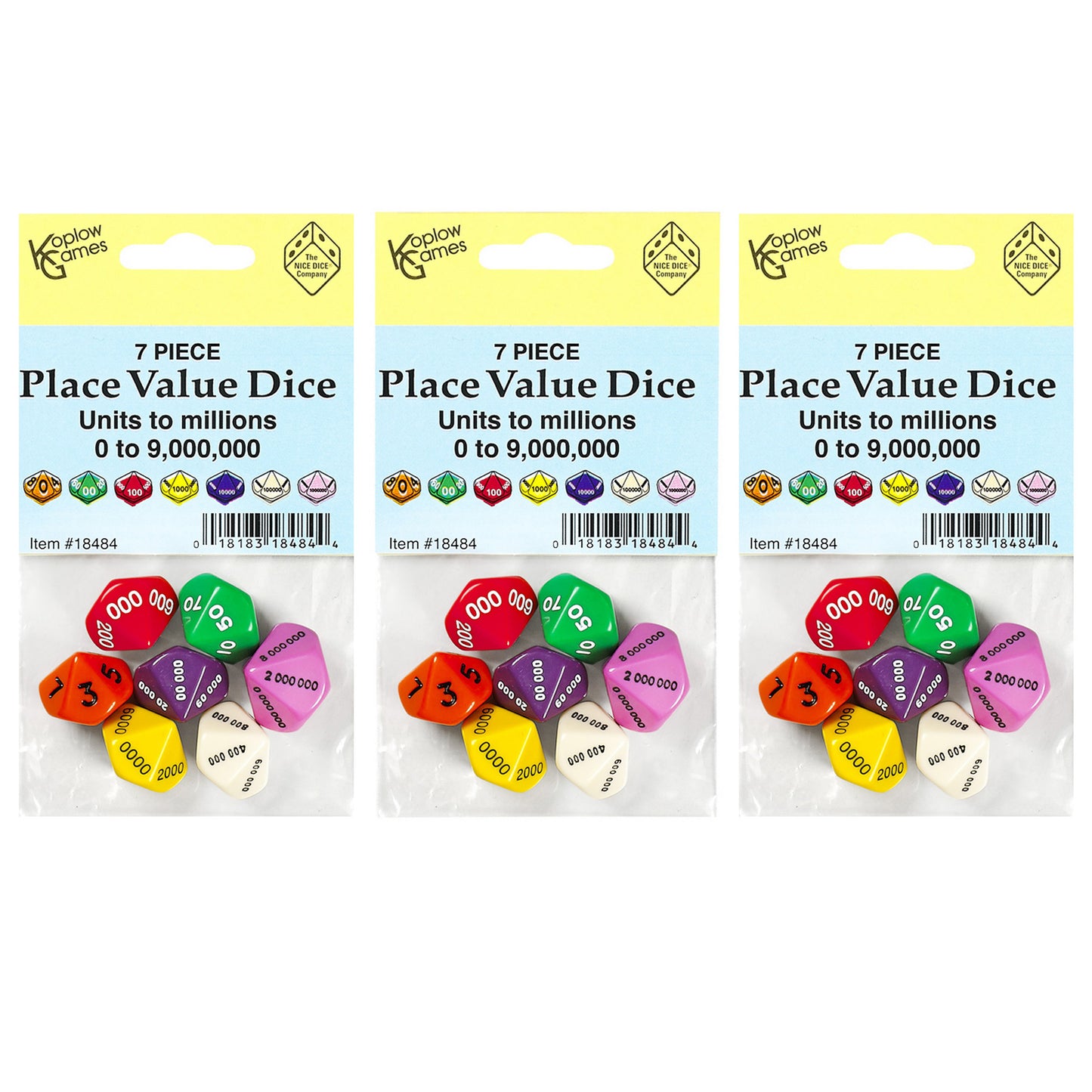 Place Value Dice, Units to Millions, 7 Per Set, 3 Sets