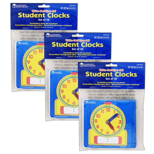 Write & Wipe Student Clock, 10 Per Set, 3 Sets