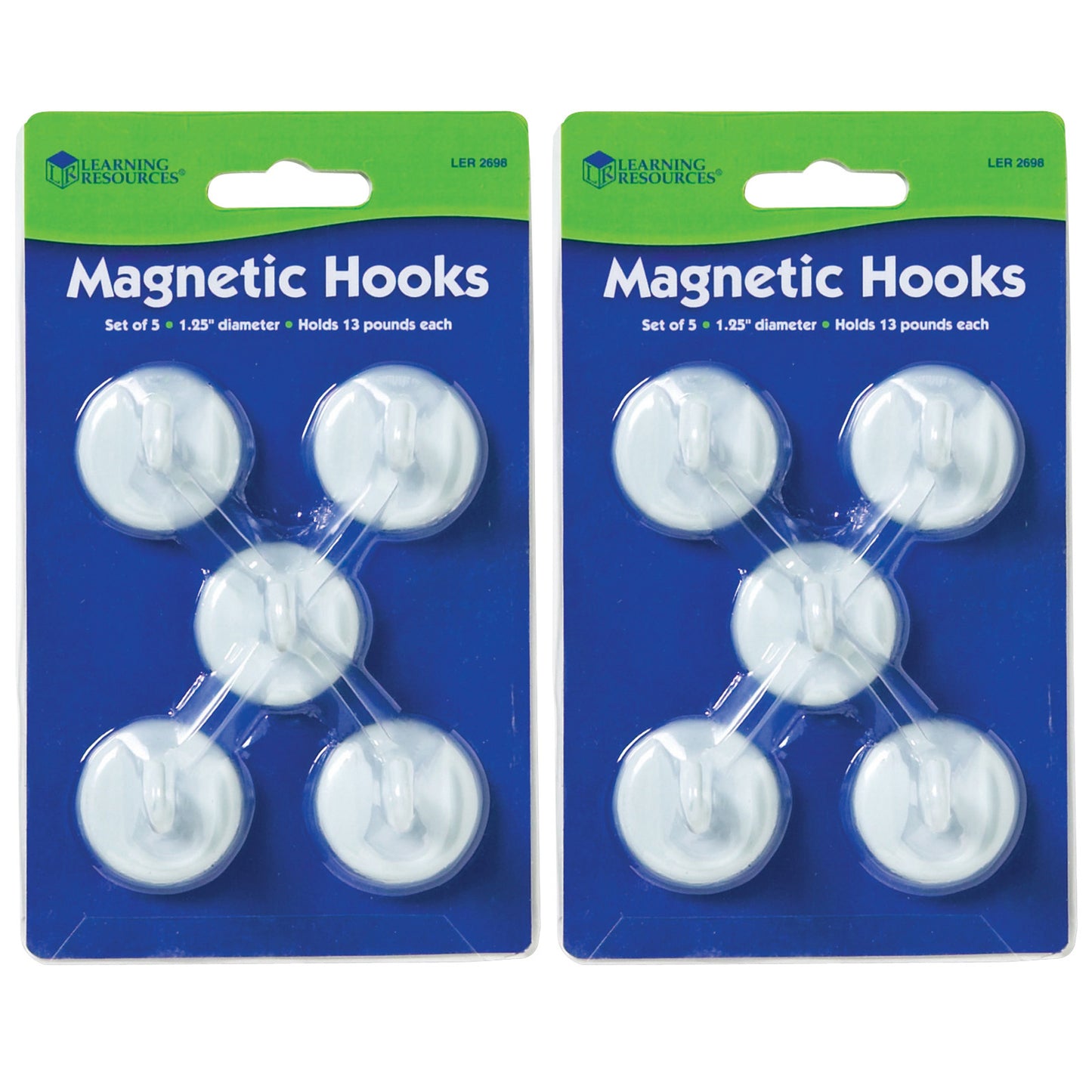 Magnetic Hooks, 1.25" Diameter, White, 5 Per Pack, 2 Packs