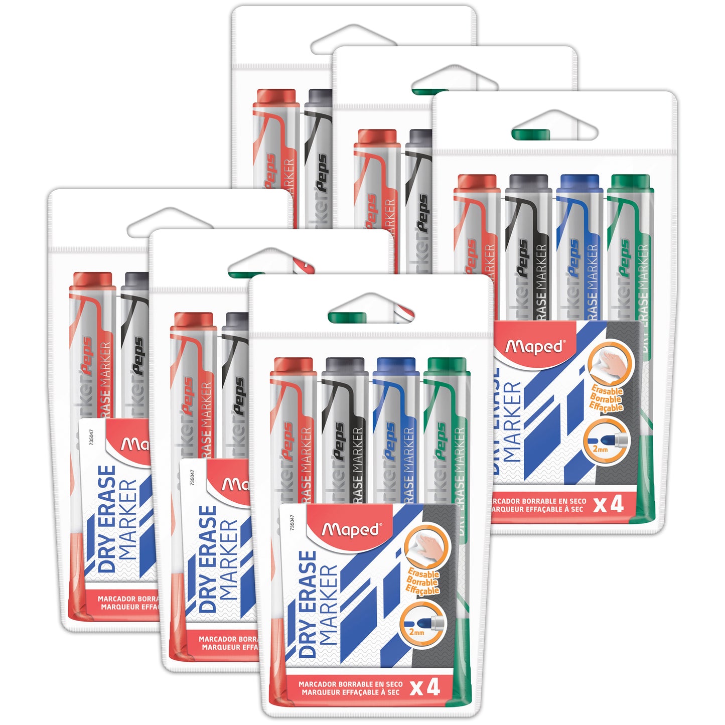 Marker'Peps Dry Erase Jumbo Marker, Bullet Tip, 4 Per Pack, 6 Packs