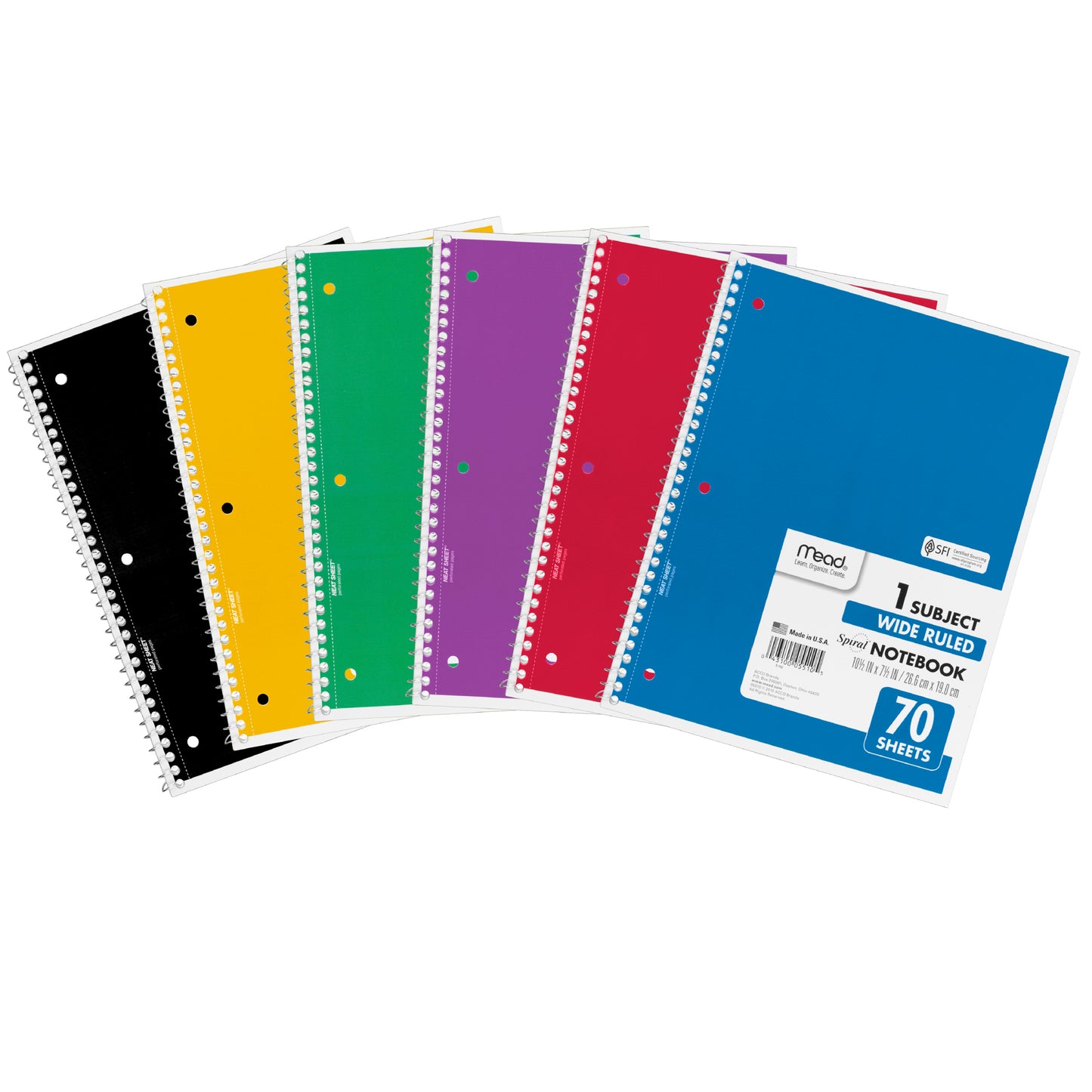 Spiral Notebook, 1 Subject, Wide Ruled, 70 Sheets, 10 1/2" x 7 1/2"