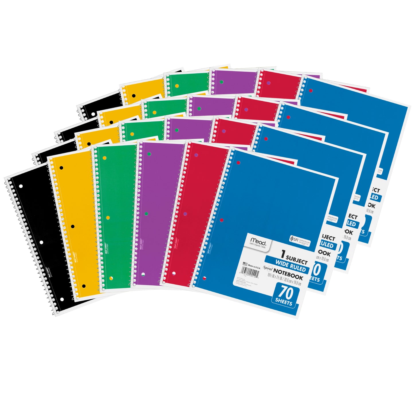 Spiral Bound Notebook, Wide Rule, 1 Subject, Assorted Colors, Pack of 24