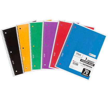 Spiral 1 Subject Notebook, College Ruled, 70 Sheets Per Book, Pack of 6