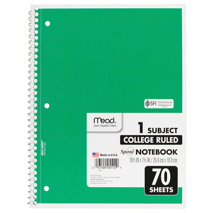 Spiral 1 Subject Notebook, College Ruled, 70 Sheets Per Book, Pack of 6