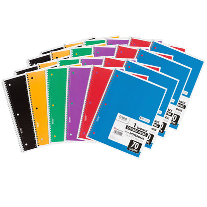 (24 EA) NOTEBOOK SPIRAL SINGLE 70SHT SUBJECT ASSTD COLORS