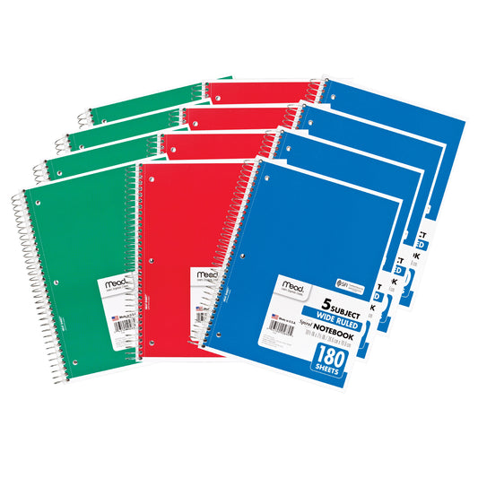 Spiral Bound Notebook, Wide Rule, 5 Subject, Assorted Colors, Pack of 12