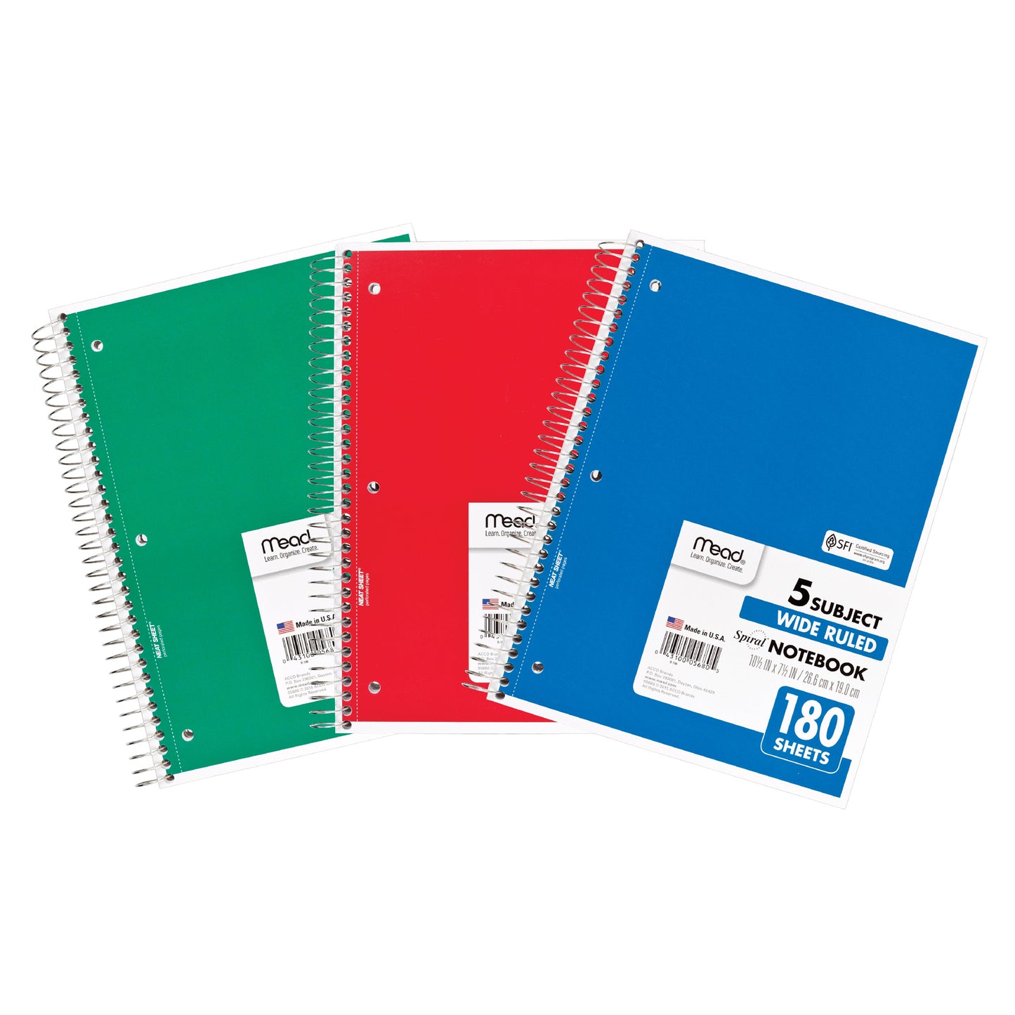 Spiral Bound Notebook, Wide Rule, 5 Subject, Assorted Colors, Pack of 12