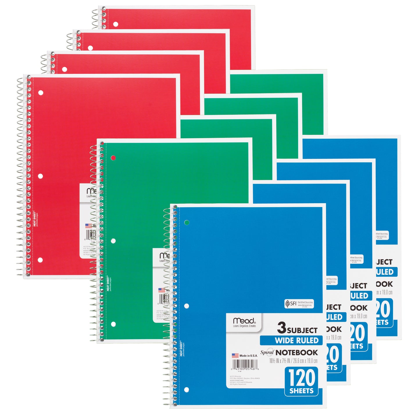 Spiral Bound Notebook, Wide Rule, 3 Subject, Assorted Colors, Pack of 12