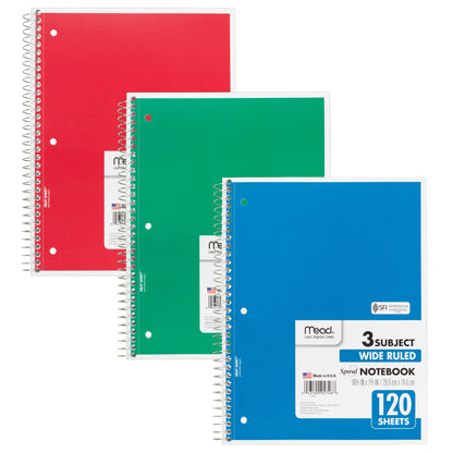 Spiral Bound Notebook, Wide Rule, 3 Subject, Assorted Colors, Pack of 12