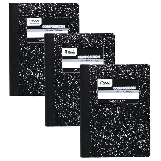 Composition Book, Wide Ruled, 100 Sheets, 9 3/4" x 7 1/2", Black Marble, Pack of 3