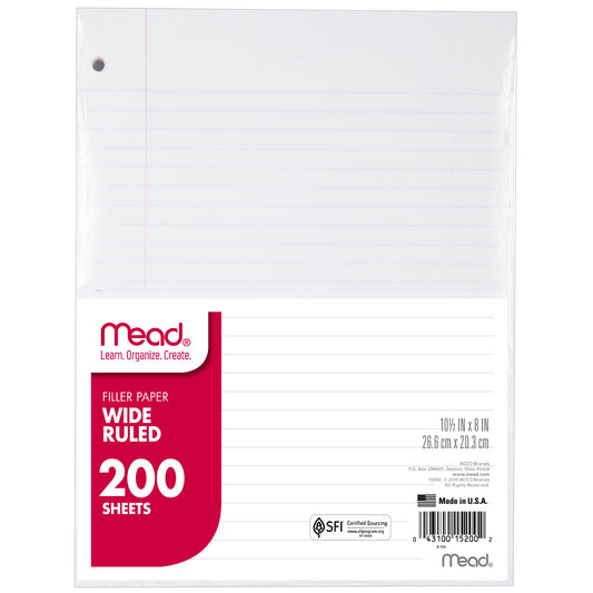 Filler Paper, Wide Ruled, 10 1/2" x 8", 200 Sheets