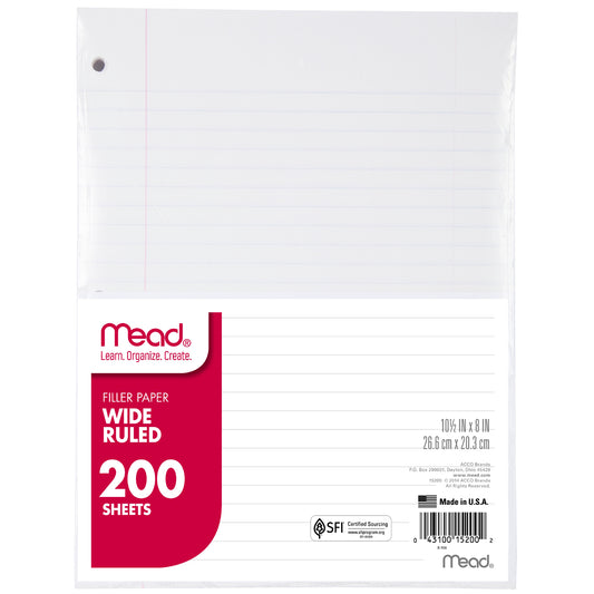 Wide Ruled Notebook Filler Paper, 200 Sheets Per Pack, 12 Packs