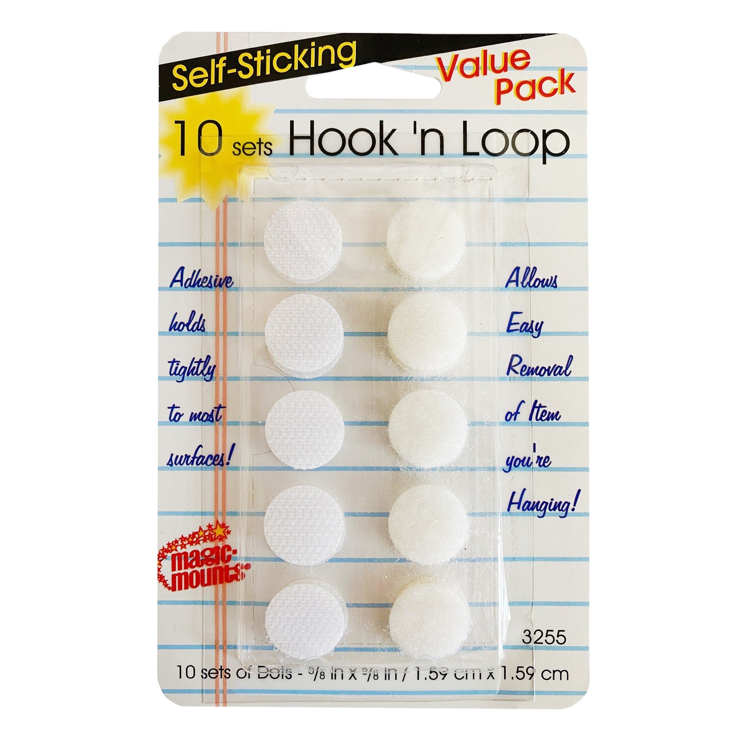 Self-Sticking Hook 'N Loop Dots 5/8", White, 10 Sets Per Pack, 12 Packs