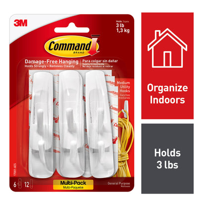 Command™ Medium Utility Hooks Multi-Pack, 6 Per Pack, 3 Packs