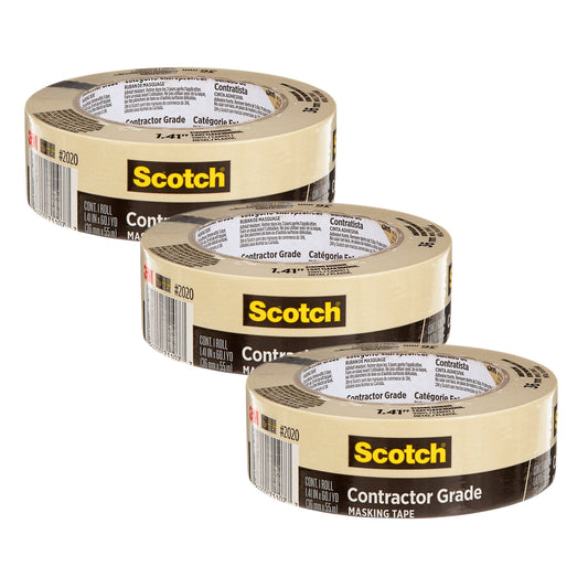 Contractor Grade Masking Tape, 1.41 in x 60.1 yd (36mm x 55m), Pack of 3